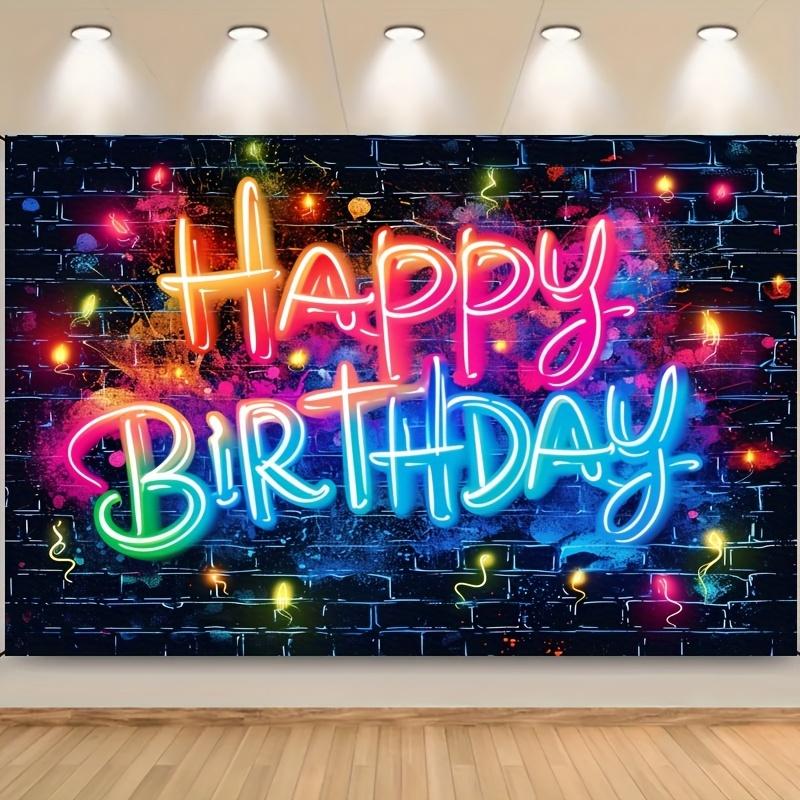 Glow Happy Birthday Background Neon glow splashed graffiti on a brick wall decorated in the dark party