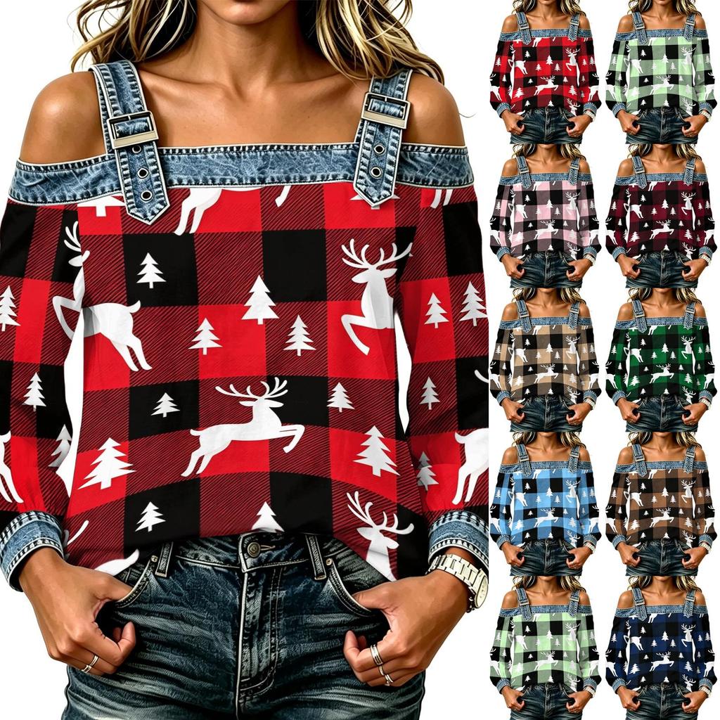 Women's Casual Off-Shoulder Long Sleeve Christmas Print Top for Holiday Parties