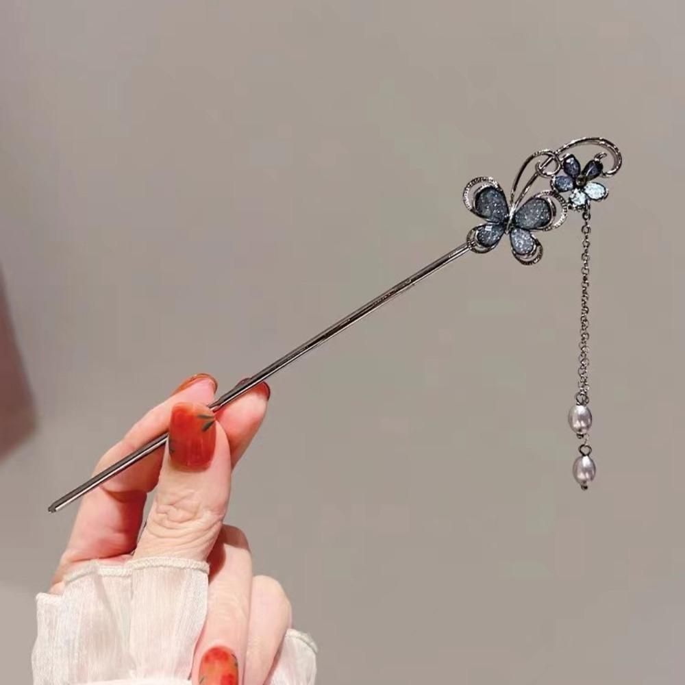 

Oriental Hair Pin: Silver Metal, Blue Butterfly Design & Pearl Dangle. A Stunning Piece to Elevate Hairstyles for Weddings