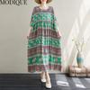 MODIQUE Sommer Übergröße Neues Kleid Hemd Damen Vintage Baumwolle Leinen Falten Kleid Drucken Lässig Damenkleider Kurzarm O-Ausschnitt Volantkleid