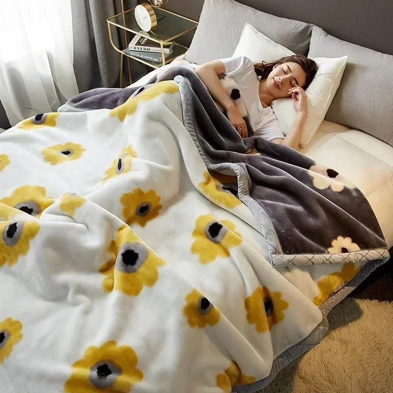 Double Sided Printed Autumn Winter Blankets for Bed Soft Warm Encrypted Flocking Raschel Blanket Skin Friendly Weighted Blanket