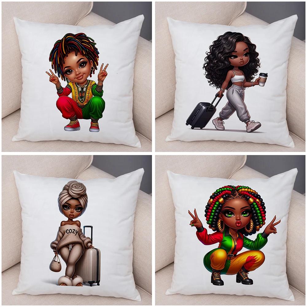 Fashion Cartoon African Girl Pillow Case Soft Plush Cushion Cover for Sofa Home Decor Cute Black Women Throw Pillowcase
