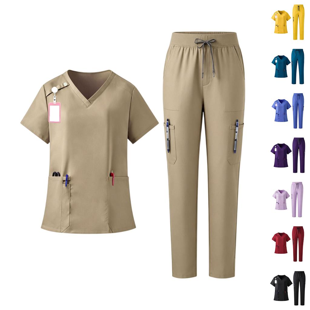 Women's Set V-Neck Short Sleeve Top with Pockets and Drawstring Pants, Quick Dry Color Uniform for Healthcare Workers