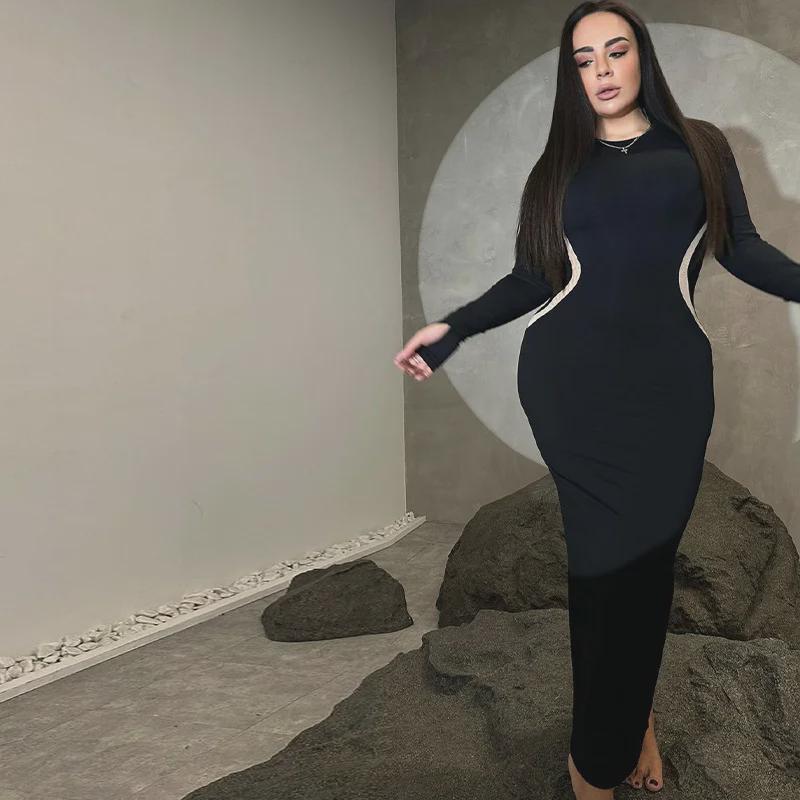 2024 Autumn/Winter Fashion: Women's Color-Block Slim Round Neck Long Sleeve Finger Set Dress