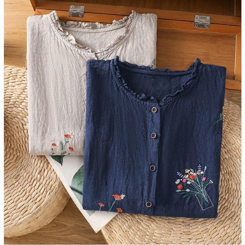 Women Navy Blue Cotton Linen Floral Embroidered Sleeveless Button Blouse With Ruffle Neck Summer Casual Top
