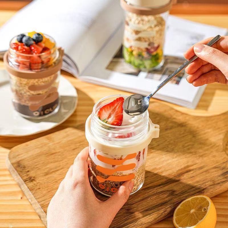 Oat Sealed Glass Jar with Lid, Portable Breakfast Cup, Milkshake Yogurt Cereal Cup