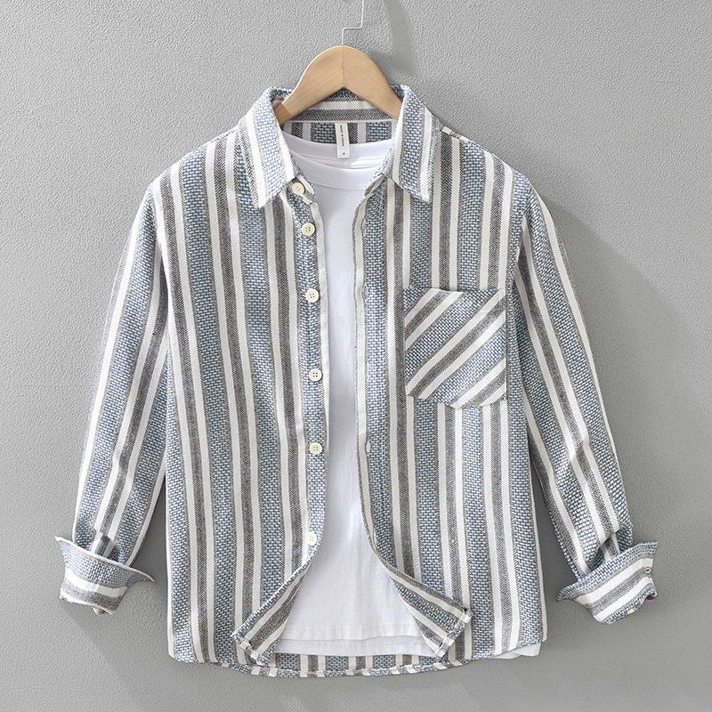 2025 New Japanese-Style Striped Long-Sleeve Shirt Jacket Hong Kong Literary Style College Style Men's Casual Shirt Wrinkle-Free