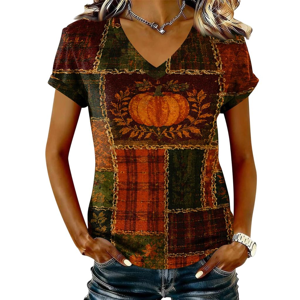Women's V-Neck Short Sleeve Top with Maple Leaf Print for Casual Everyday Wear