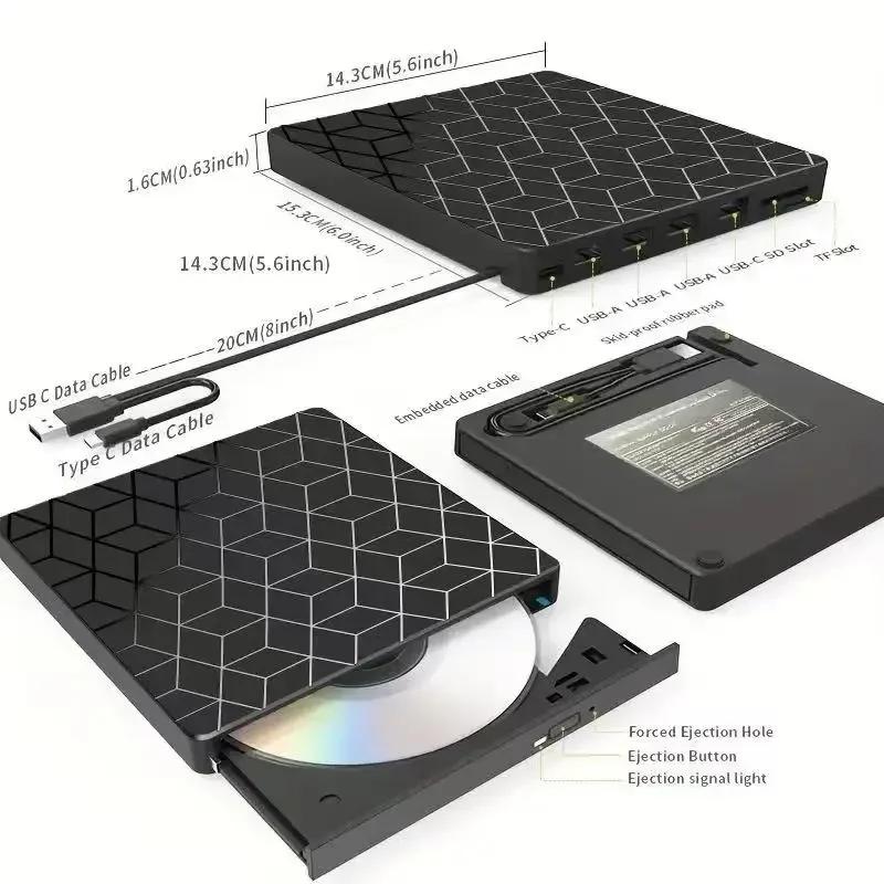 7-in-1 USB 3.0 Type-C External CD/DVD Drive Burner Reader Player Optical Drive DVD Player CD Burner for Computer Laptop Desktop