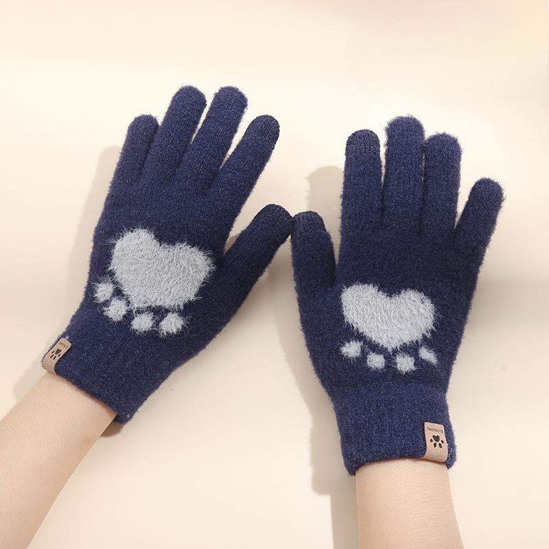 Touch Screen Cat Claw Cold-proof and Warm Gloves for Women Velvet Thickened Wool Knitted Gloves for Autumn and Winter