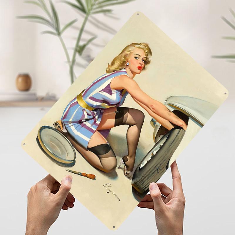 Pin Up Girl Bar Art Pub Tinplate Poster Customized Wall Art Vintage Retro Metal Signs for Decoration Garage Decorations Man Cave