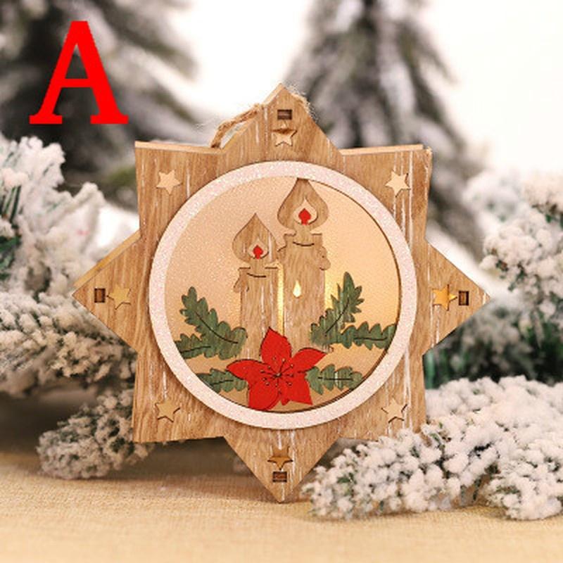 Christmas Tree Wooden Glowing Ornament Star Round Shape LED Light Decoration Luminous Santa Snowman