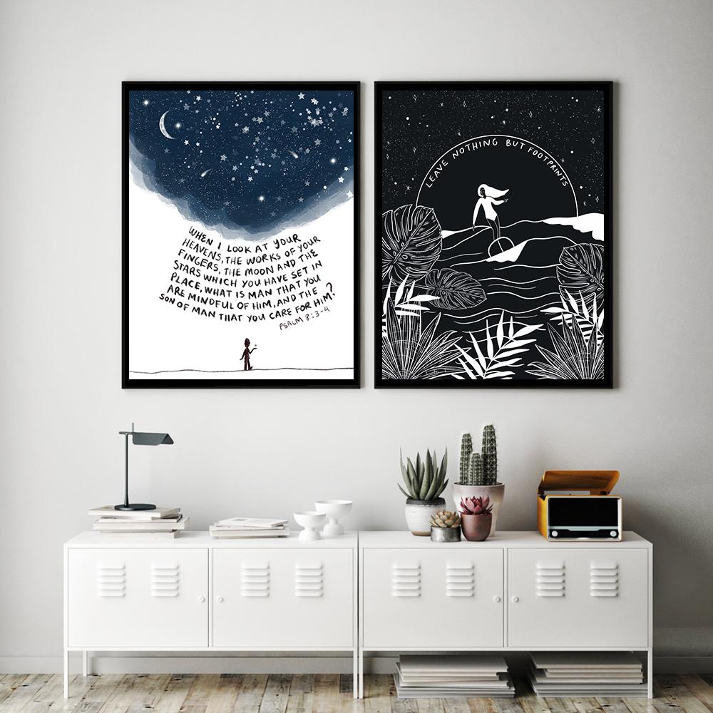 Bible Verse Inspirational Quotes Poster Beach Surf Ocean Painting Canvas Prints Starry Sky Faith Pictures Living Room Home Decor