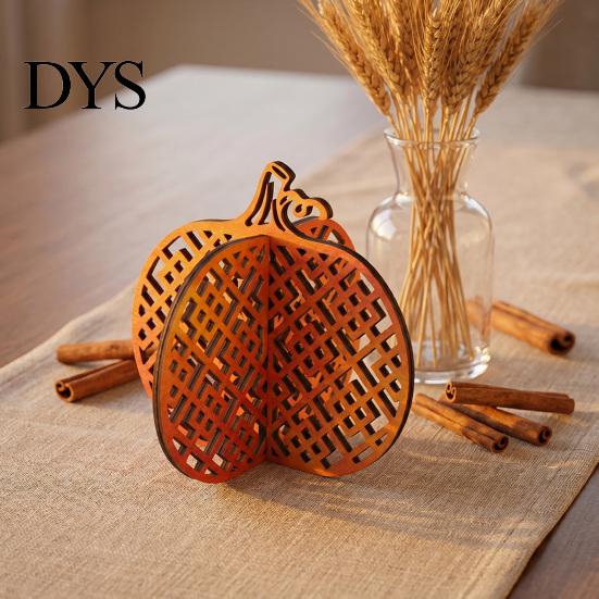 Orange Gradient Wooden Crafts Thanksgiving Pumpkin Decor, Vintage Striped Hollow Carved Ornament Indoor Fireplace Desktop Decor for Home Party, Rustic
