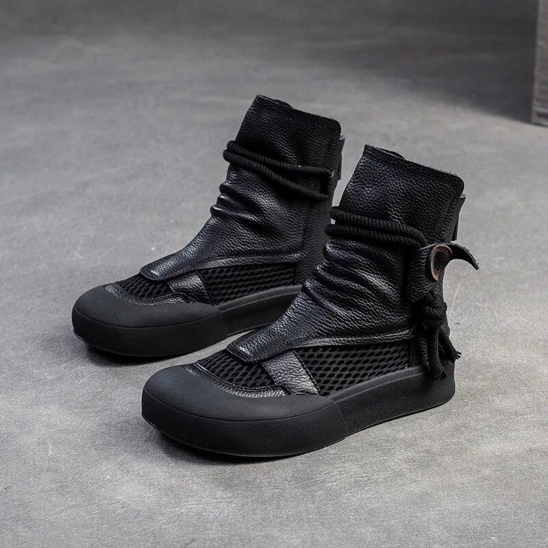 Johnature Hohle, atmungsaktive Retro-Sommerstiefel aus echtem Leder mit Reißverschluss hinten und römischen Sandalen mit dicker Sohle für Damen