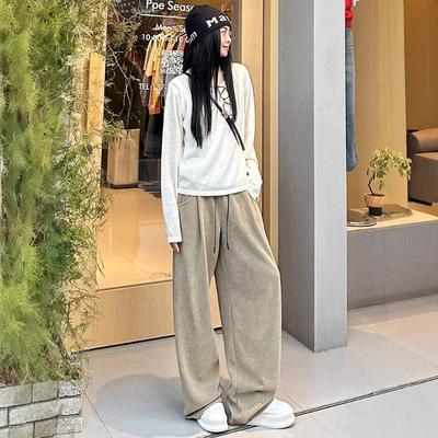 Khaki Fleece Weite Hosen Damen Herbst und Winter Verdickte Hosen Hoher Bund Lässige Hosen Locker und Faul Gerade Yamamoto Hosen