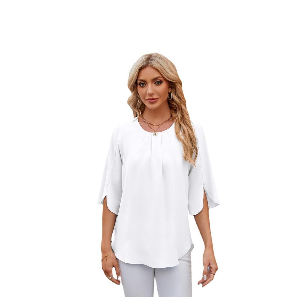 Sommer Damen T-Shirt Einfarbig Rundhals Falten Lose Chiffon Shirt