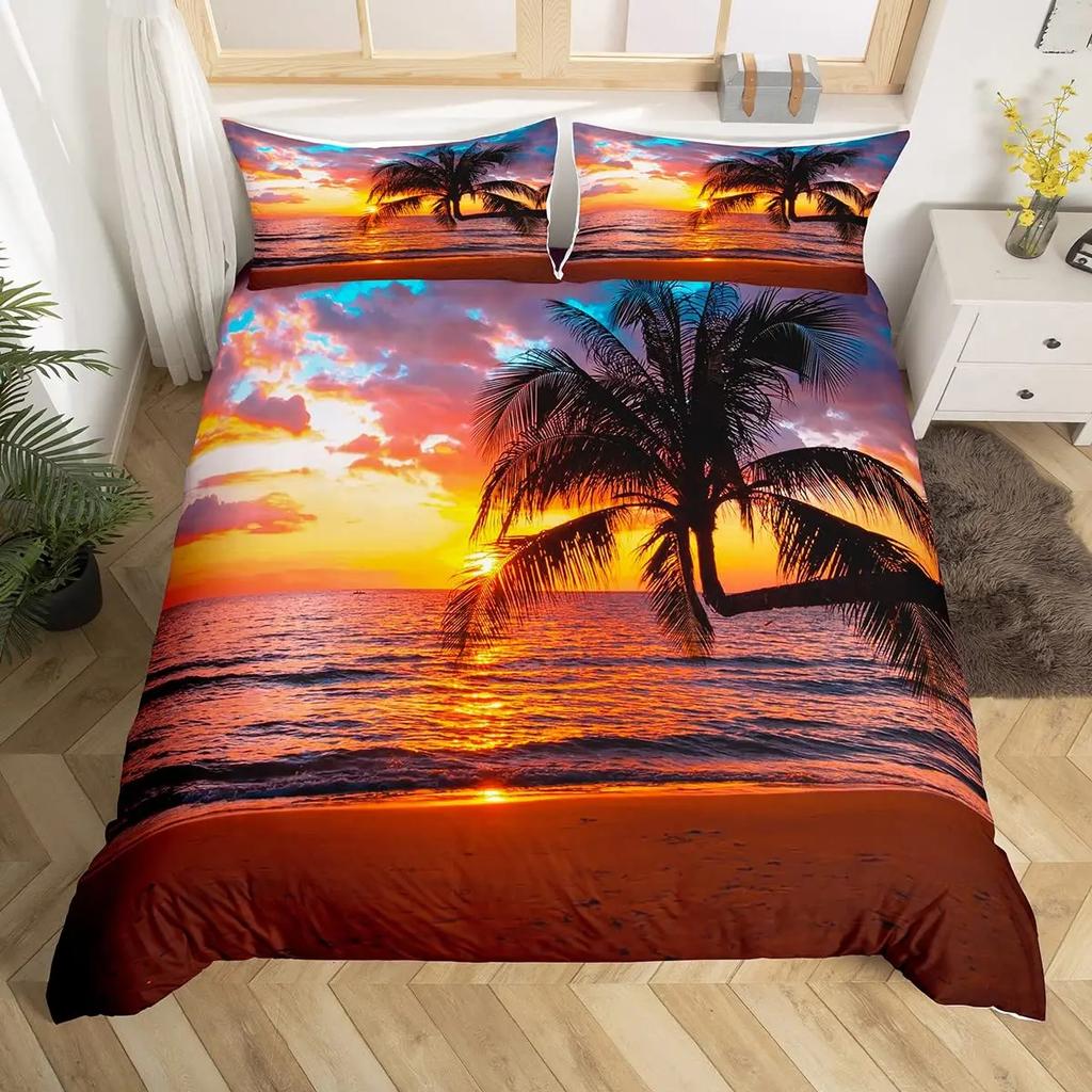 Hawaii Vacation Beach Duvet Cover Cartoon Surfing Quilt Cover Microfiber Tropical Palm Tree Starfish Ocean Landscape Bedding Set