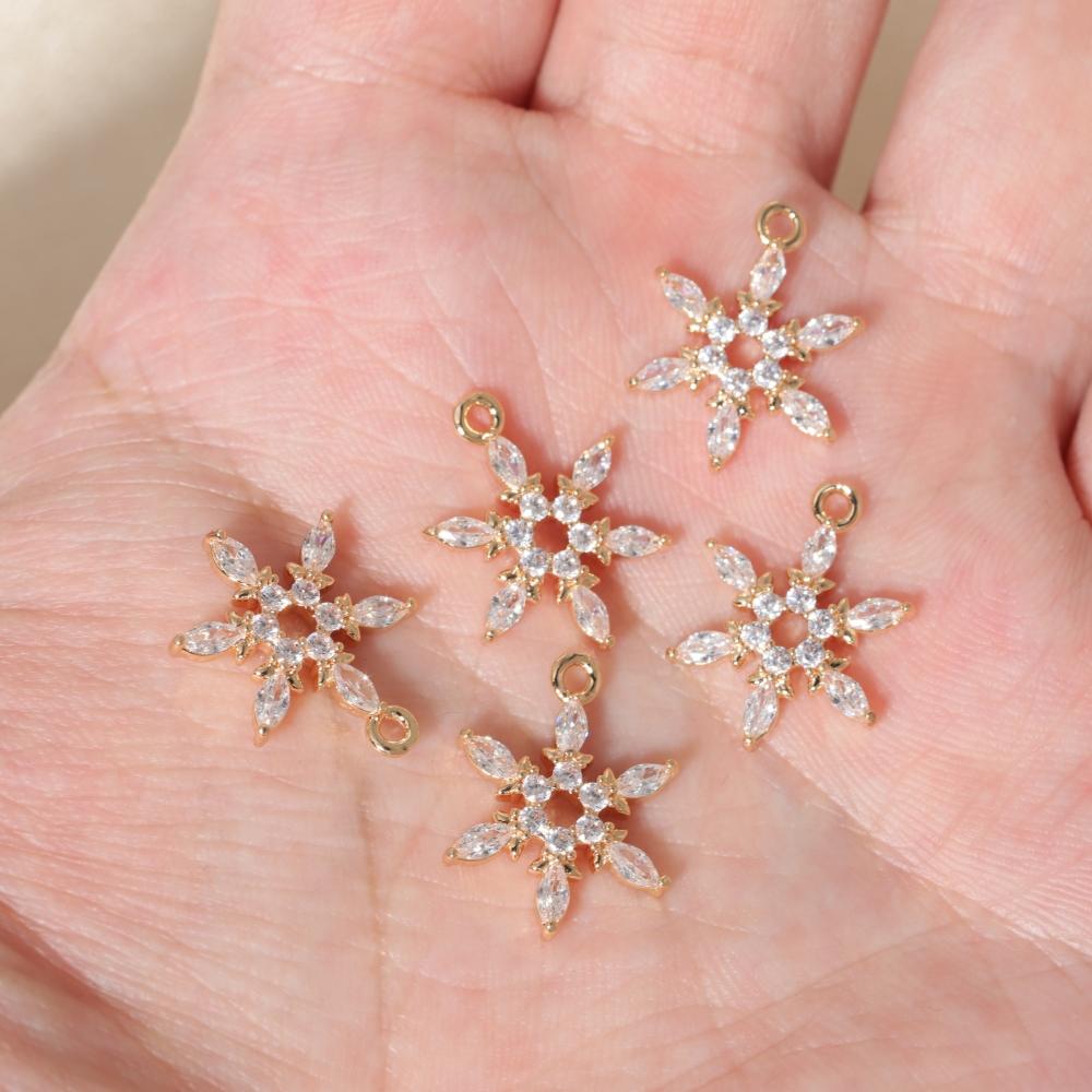 Golden Plated Copper Snowflakes Charms Pendants with Clear Zirconia, DIY Jewelry Making Supplies for Earrings Necklaces, Sweet Girly Gift for Women