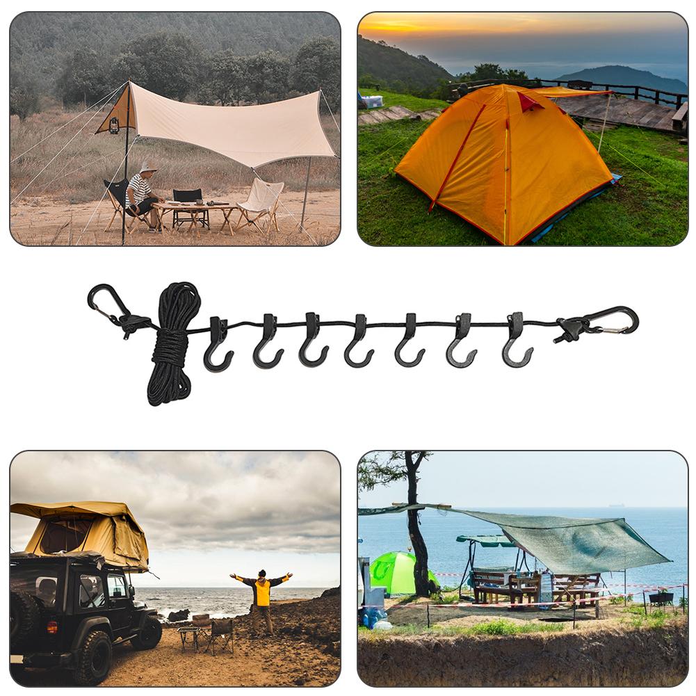 Camping Clothesline Non-slip Outdoor Clothespins Portable Travel Windproof Adjustable with 7 Hooks for Home Picnic Hiking