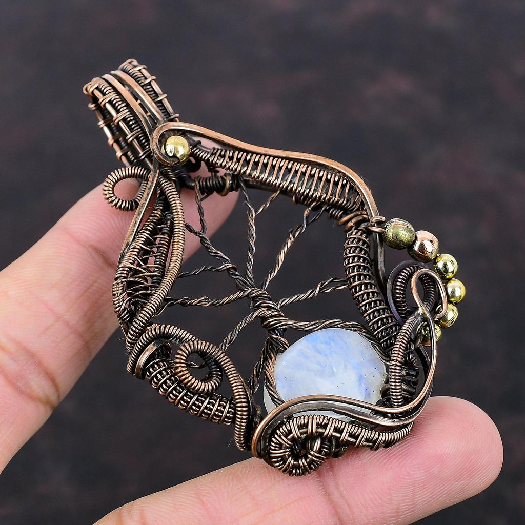 Baum des Lebens Regenbogenmondstein Anhänger Kupferdraht umwickelter Edelsteinanhänger Handgefertigter Schmuck Jubiläumsgeschenk für Mama Antiker Kupferschmuck