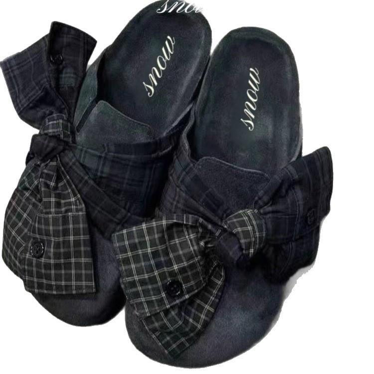 Platform women's shoes summer new retro leather versatile bow lazy bag head half slippers