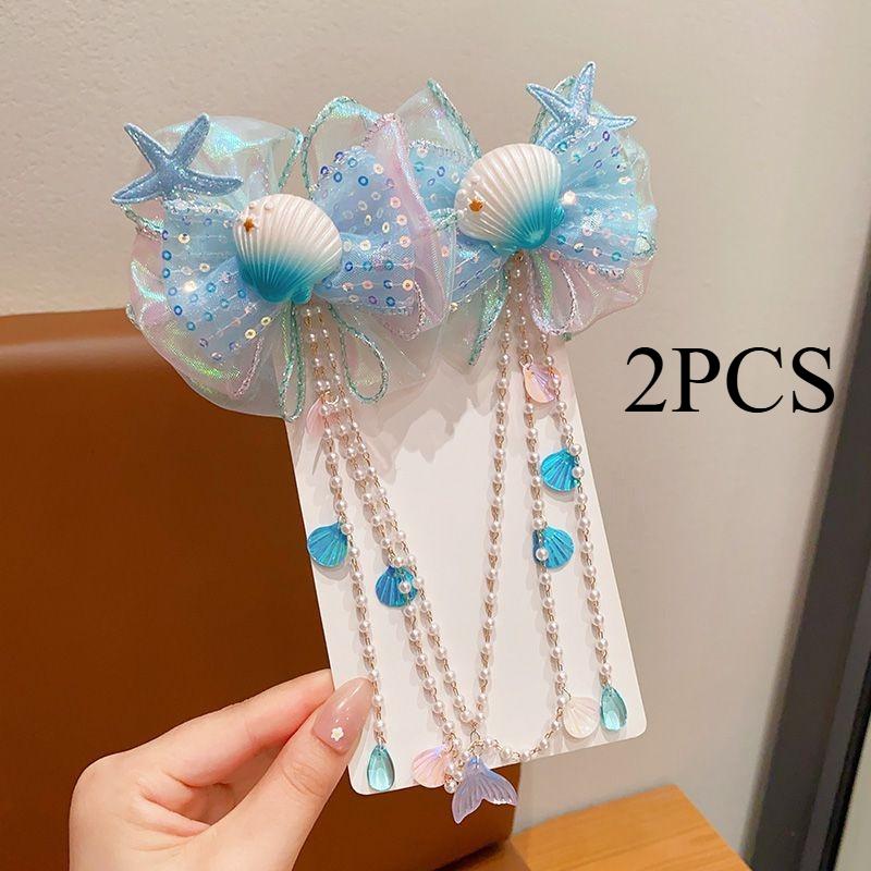 1/2PCS. Girls' Mermaid Hair Accessories: Dreamy Forehead Chains, Princess Tassel Clips & Shell Ear Cuffs,  Adorable  Ornaments