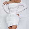 Damen Frühling und Herbst Einzeiliger Kragen Langarm Plissee Temperament Paket Hüftrock Sexy Wickelkleid