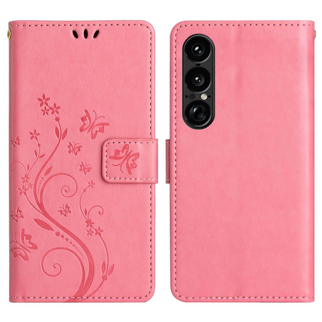 Dla Sony Xperia 1 VII Skórzane etui portfelowe z nadrukiem motyla i kwiatów, pokrowiec na telefon ze smyczą