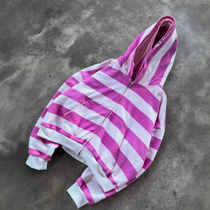 Street Style Embroidered Letter Hooded Zip-Up Long Sleeve Sweatshirt Striped Fake Two-Piece Oversized Pullover Women