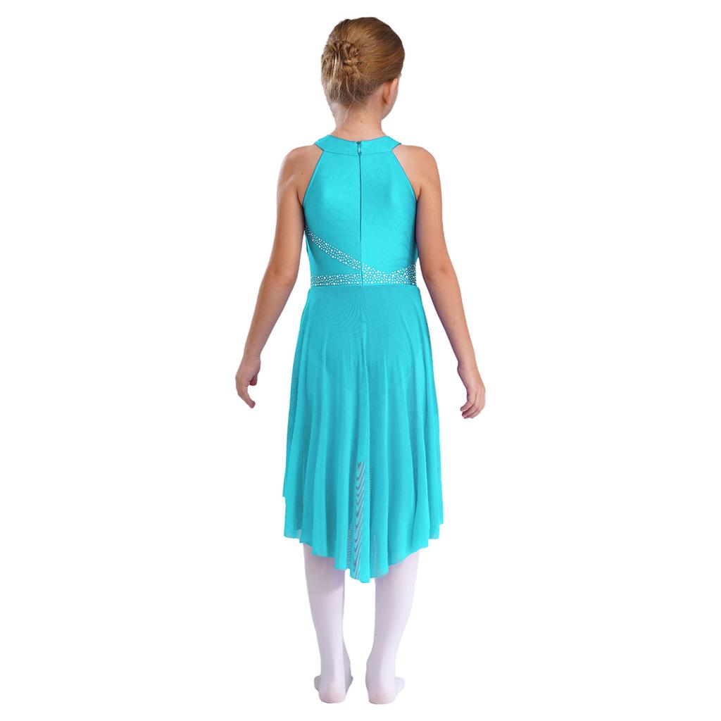 Kids Sleeveless Ruched Dance Dress with Rhinestones for Latin & Contemporary Dance