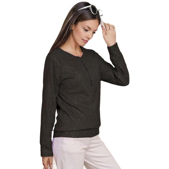 Women Tops Round Neck Zipper Half Placket Long Sleeve Pullover Tops Solid Color Shiny Sequins Loose Fit Blouse