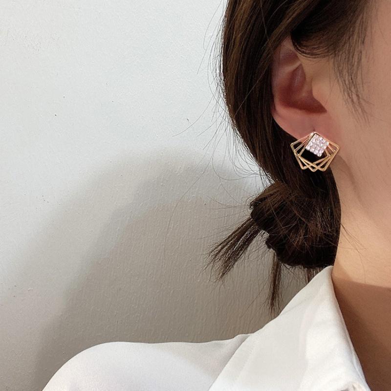 Crystal Inlay Three Layers Square Stud Earring for Women Korean Hollow Geometric Jewelry Simple Valentine's Day Gift