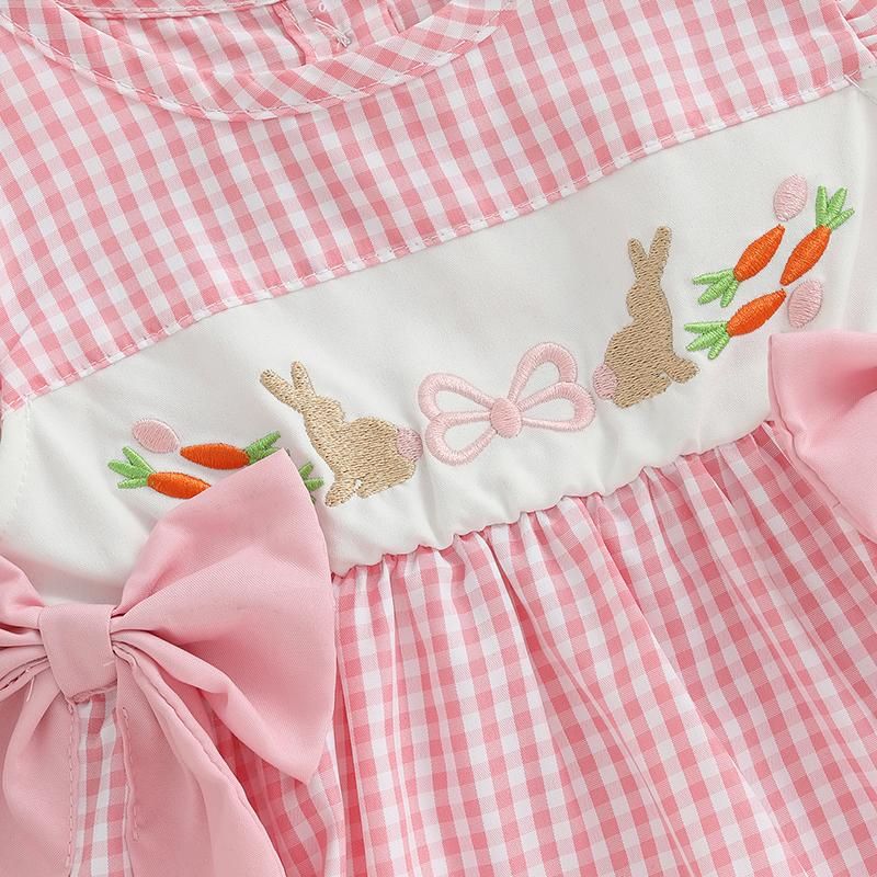 Citgeett Summer Easter Infant Baby Girl Casual Bodysuit Flying Sleeve Bunny Carrot Embroidery Plaid Jumpsuit Clothes