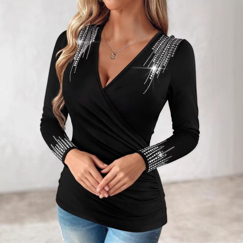 

Hot Spring and Autumn Solid Color Hot Diamond Design Long-sleeved Women s Tops Plus Size Tops XL чёрный