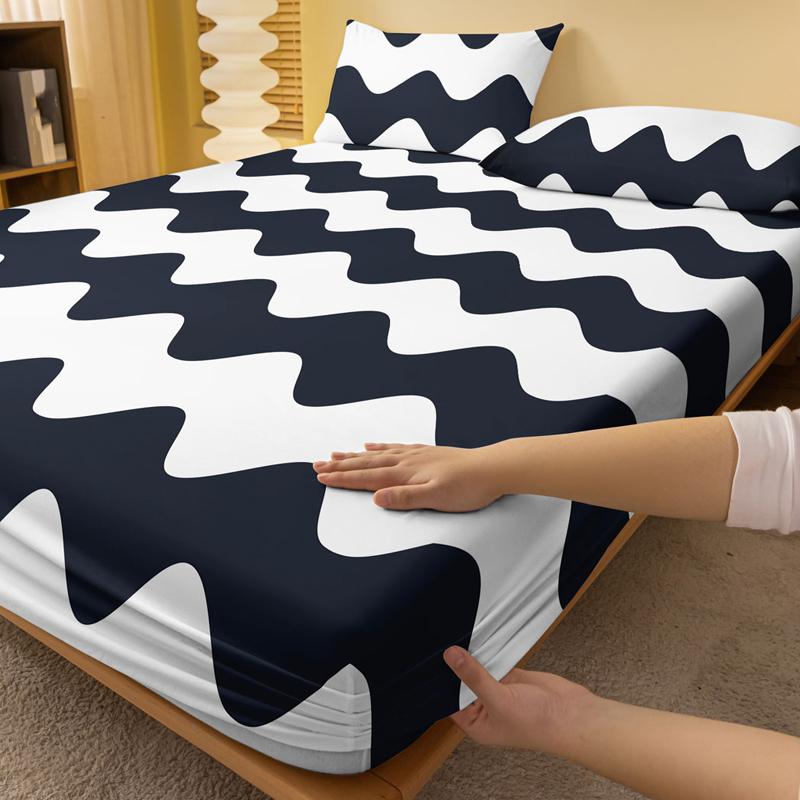 1 Simple Modern Wave Geometry Printed Matte Fitted Sheet, Bedroom Printed Bed Cover, Bedding (Excluding Pillowcases)