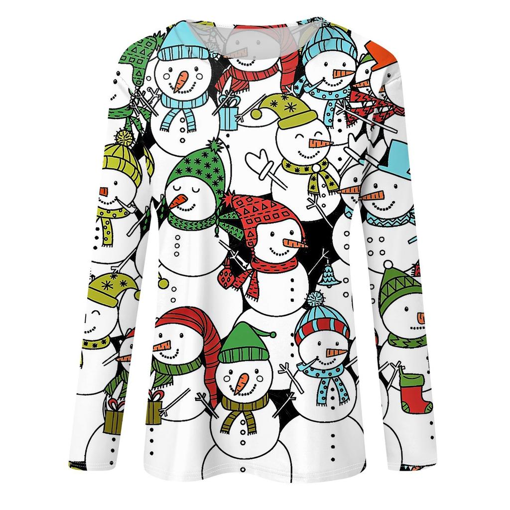 Women's Fashion Casual Christmas Print Round Neck Long Sleeve Decorative T-Shirt Top