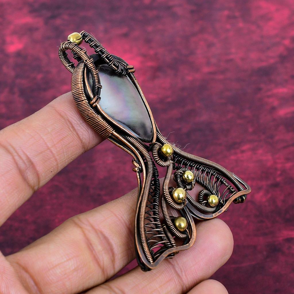 Black Mother Of Pearl Pendant Copper Wire Wrapped Fish Pendant Gemstone Jewelry