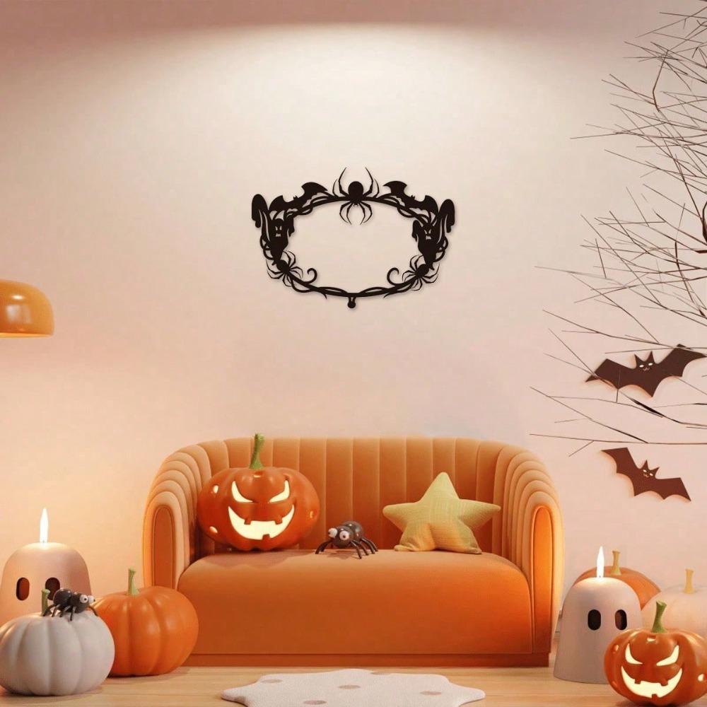 Wrought Iron Hanging Ornament, Bat Spider Ghost Round Wall Decor For Living Room Bedroom Doorway, Spooky Home Art, Halloween Christmas New Year Gift