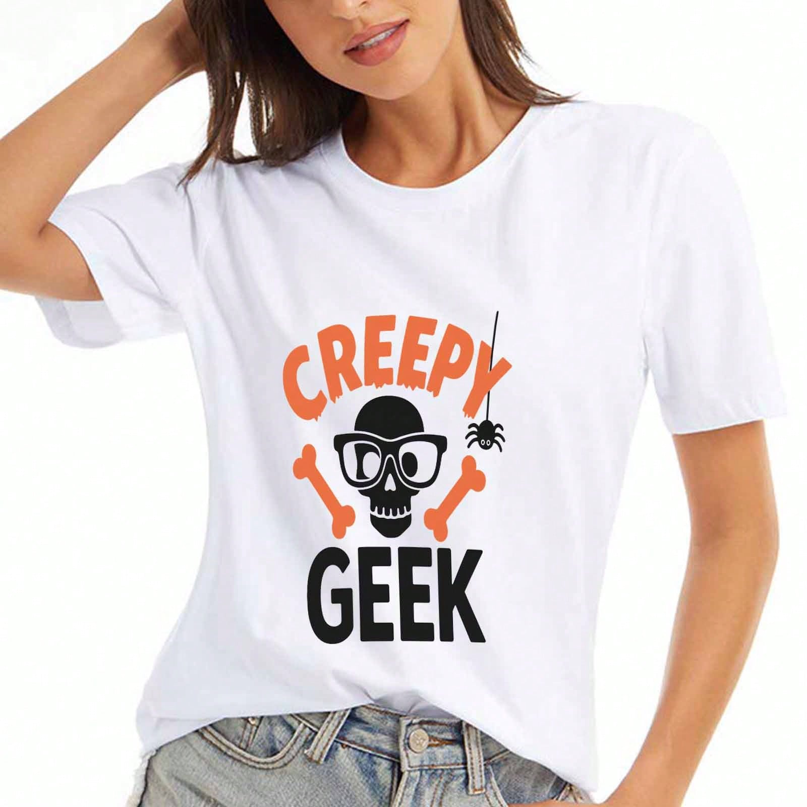 Creepy Geek Ladies Cotton T Shirt, Premium Cotton Graphic,Durable,Casual And Fashionable. Features A Skull With Glasses And Bones,Plus A Spider. Cool S разноцветный