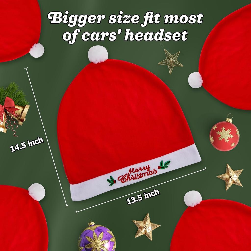 5Pcs Christmas Car Decoration Comfort Santa Hat Car Seat Headrest Covers, Interior Xmas Car Accessories Fits Most Vehicle For Christmas New Year