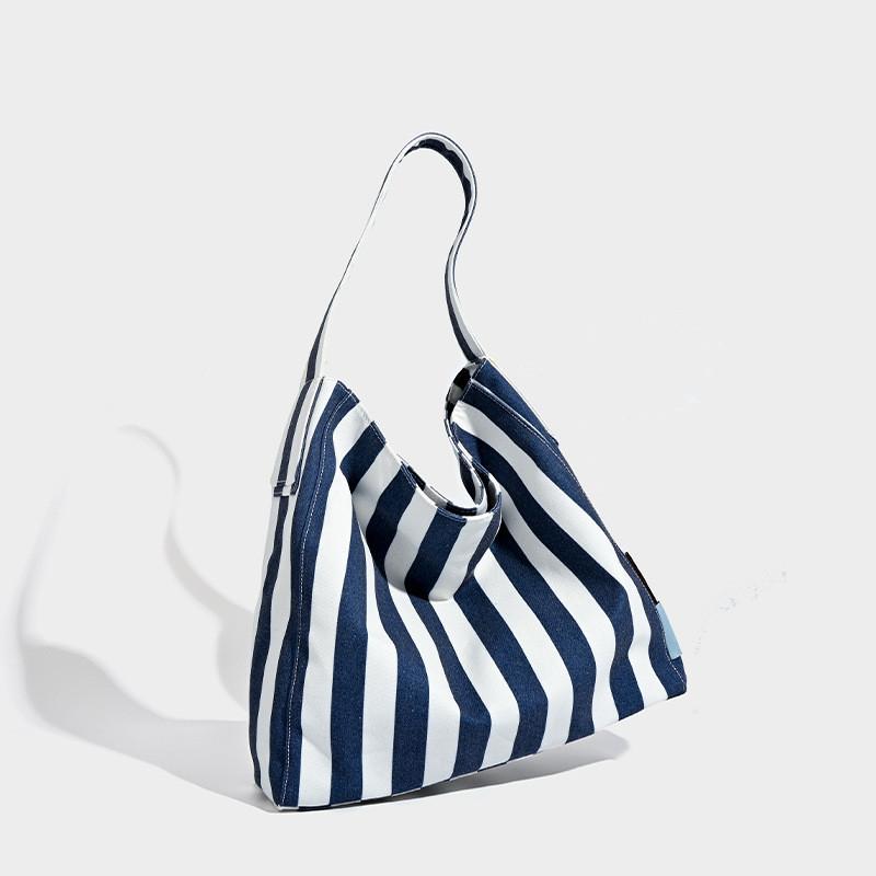 Ielgy Loose Canvas Large-Capacity Bag Female Striped Computer Bag Commuter Shoulder Bag