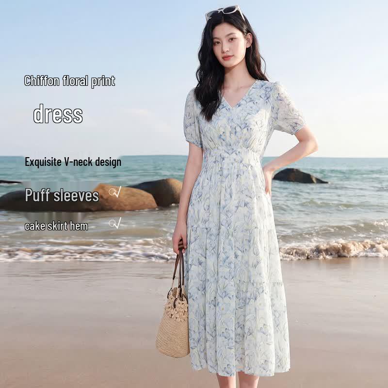 FivePlus Chiffon V-Neck Puff Sleeve Tiered Maxi Dress L