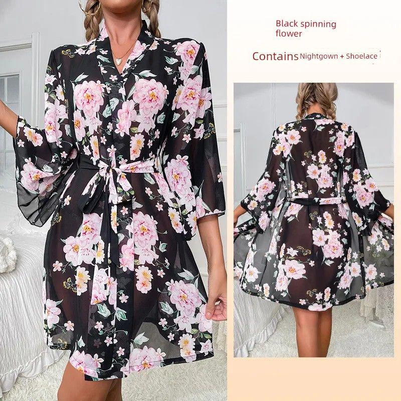 

2025 Fashion Style Sexy Ultra Slim Chiffon Nightgown/Printed V-neck Perspective Lace Bathrobe/Private Home Wear Black spinning big flower XL