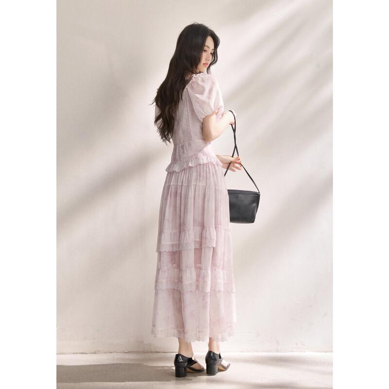 Mixiu Ombre Chiffon Square Neck Puff Sleeve Skirt Set