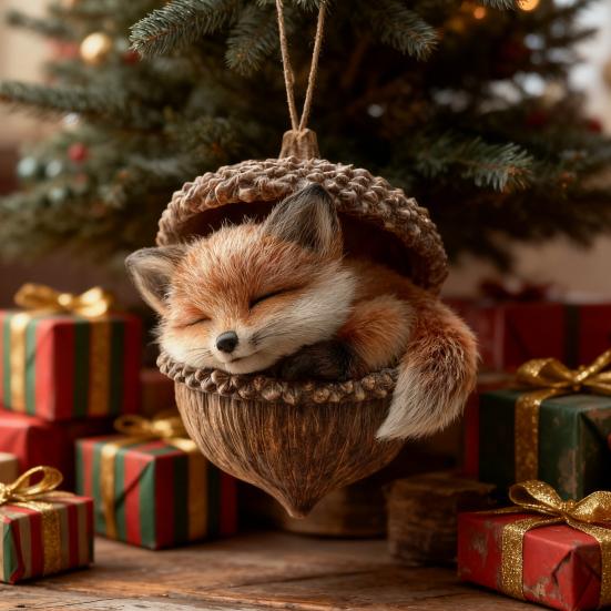 Skovdyr Eikenøttpynt Koselig Furu Kongle Dyr Julepynt 2D Akryl Skogsvesen Hengende Ornament for Naturelskere