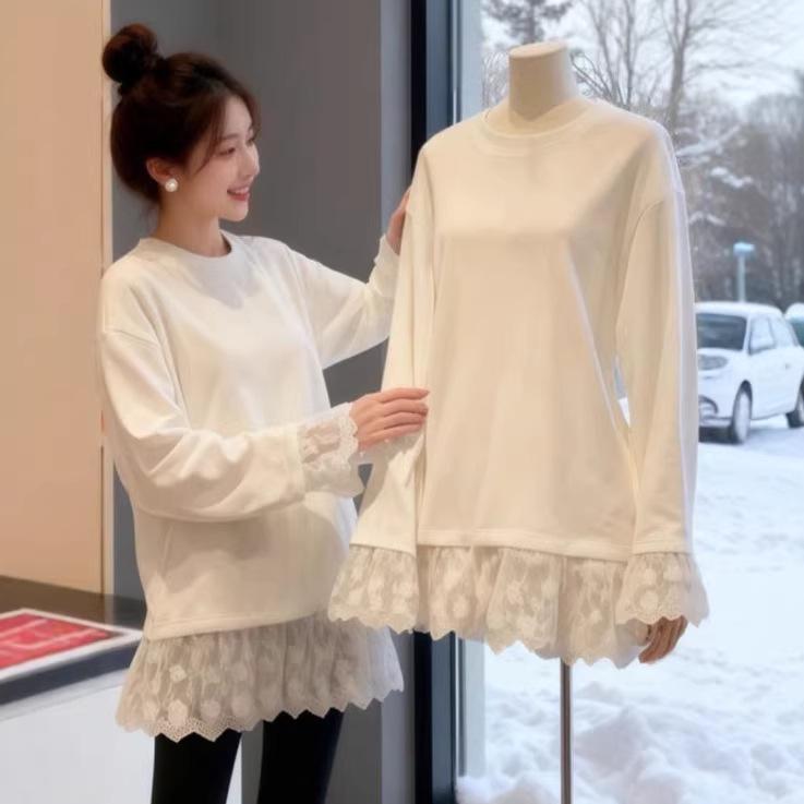 Plus Size Velvet Lace Patchwork Long Sleeve Top for Women - Autumn/Winter 2025 Loose Slimming Base Layer