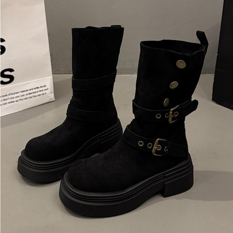 Thick-soled Martin boots for women's autumn and winter 2025 new retro suede medium boots belt buckle two wear western cowboy boots