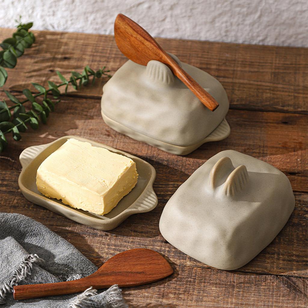 Rustic Stoneware Butter Dish With Lid, Handmade Rectangular Ceramic Butter Tray for European Butter Block and Breakfast Table