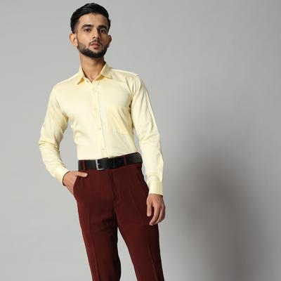 Men's Light Yellow Formal Cotton Satin Long Sleeve Shirt - 90% Combed Cotton 10% Satin